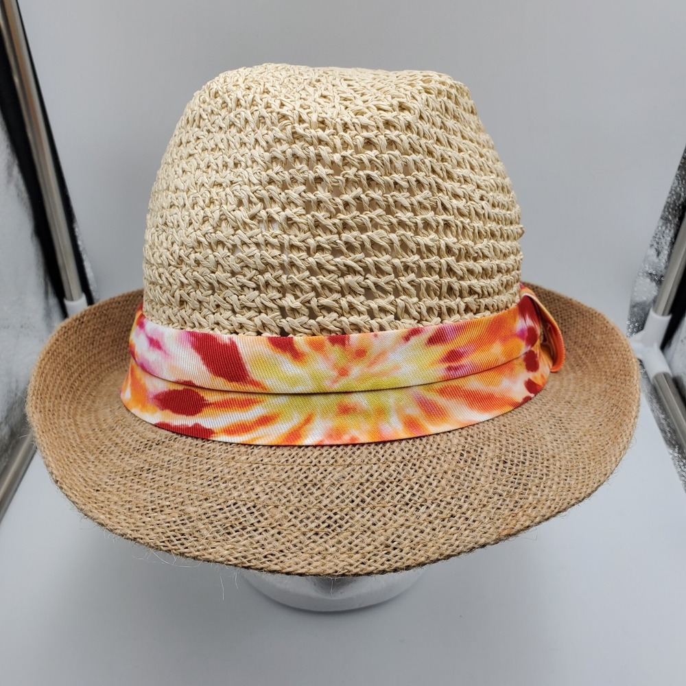 Steve Madden Fedora Hat Womens One Size Tan Tie Dye Band Straw Sun‎ Beach Summer